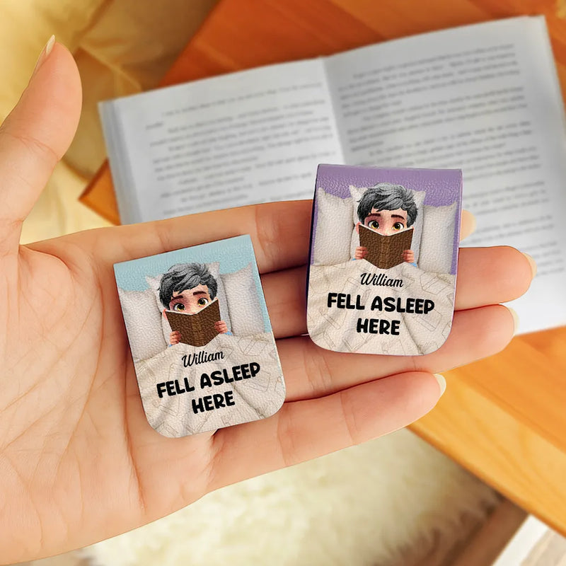 Reading, Gift For Yourself, Gift For Women, Funny - Fell Asleep Here Book Lovers - Personalized Leather Magnetic Bookmark