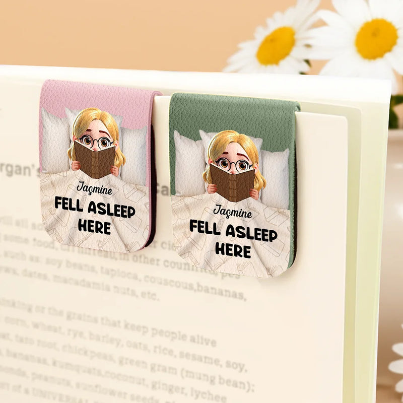 Reading, Gift For Yourself, Gift For Women, Funny - Fell Asleep Here Book Lovers - Personalized Leather Magnetic Bookmark