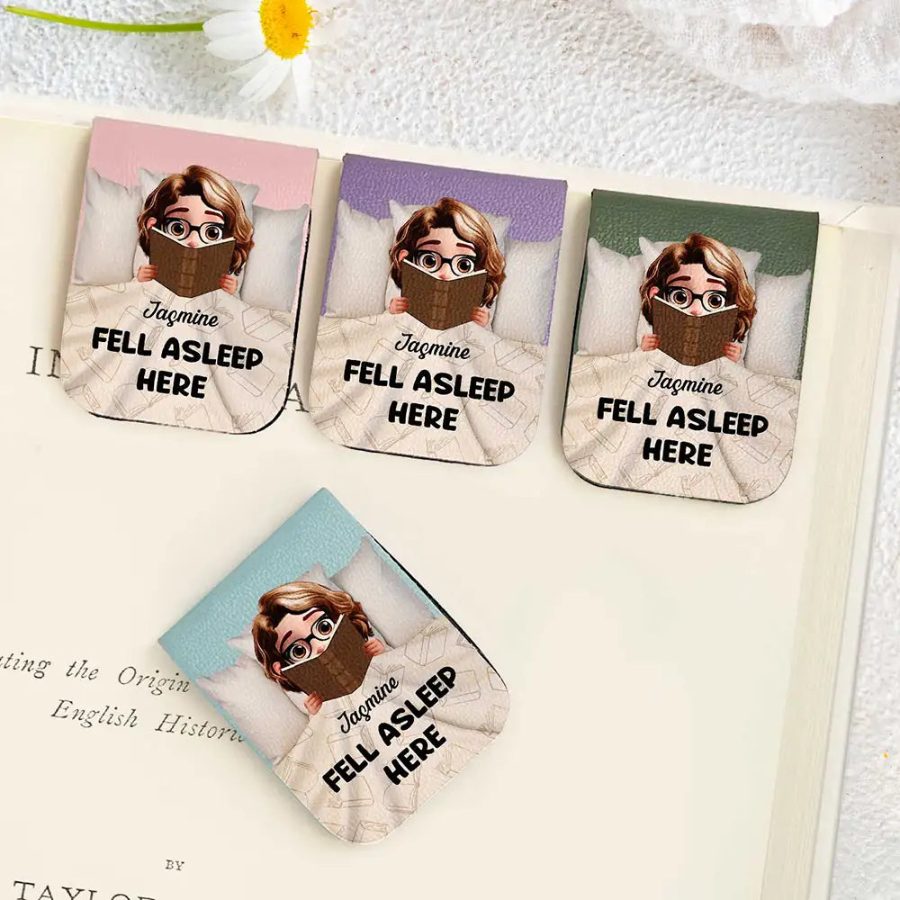 Reading, Gift For Yourself, Gift For Women, Funny - Fell Asleep Here Book Lovers - Personalized Leather Magnetic Bookmark