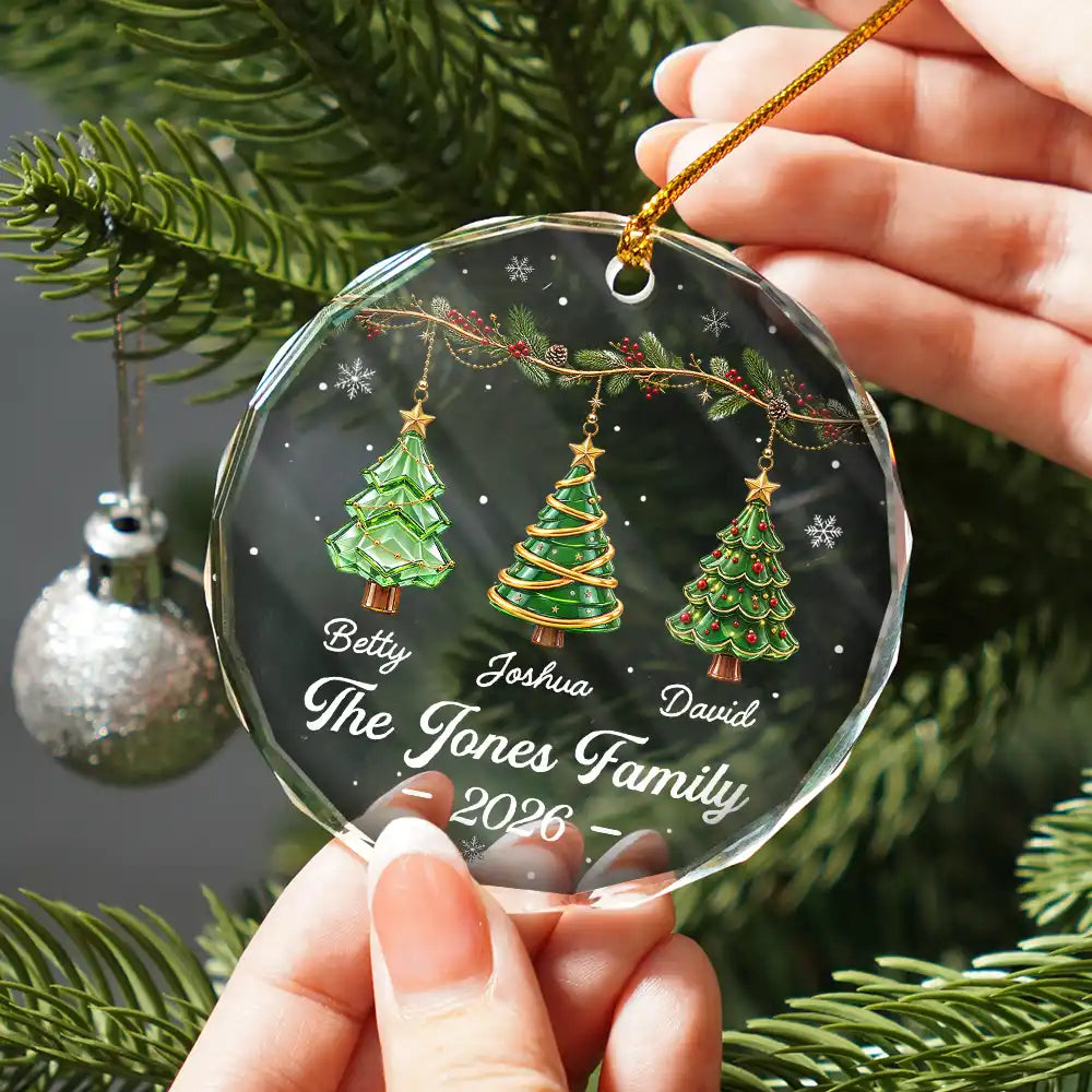 Sentimental,Christmas,Family,Icon - Festive 3D Effect Christmas Trees Family - Personalized Glass Ornament