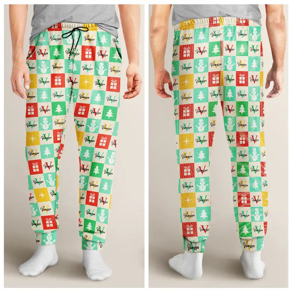 Christmas,Gift For Yourself,Non-Eng - Festive Patchwork With Letters - Personalized Pajama Pants