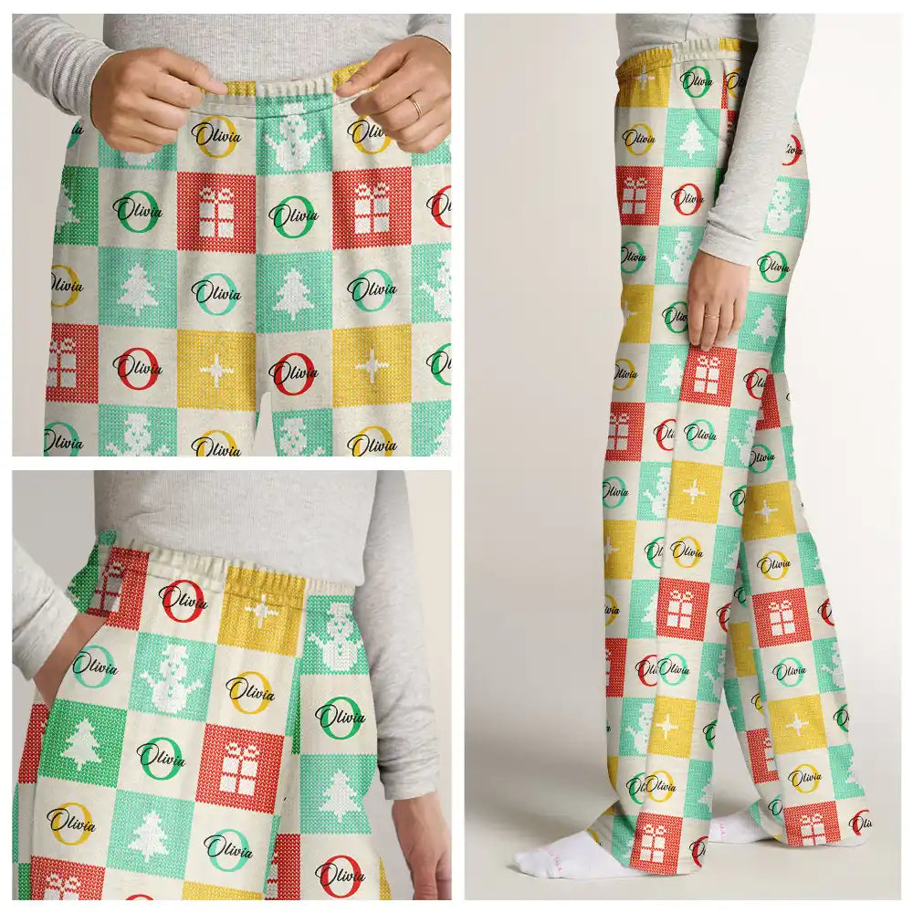 Christmas,Gift For Yourself,Non-Eng - Festive Patchwork With Letters - Personalized Pajama Pants