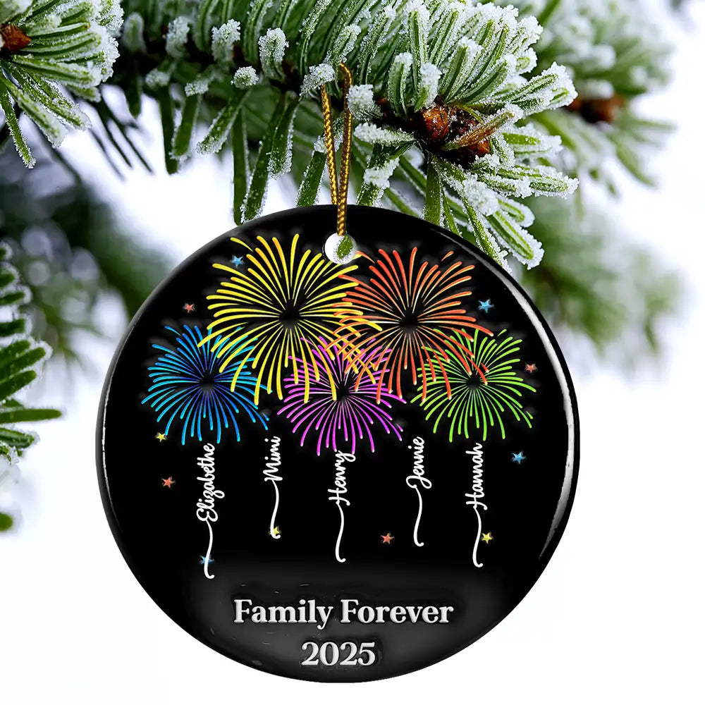 Family,Gift For Bestie,Christmas,Happy - Firework Family Bestie Custom Name - Personalized Circle Ceramic Ornament