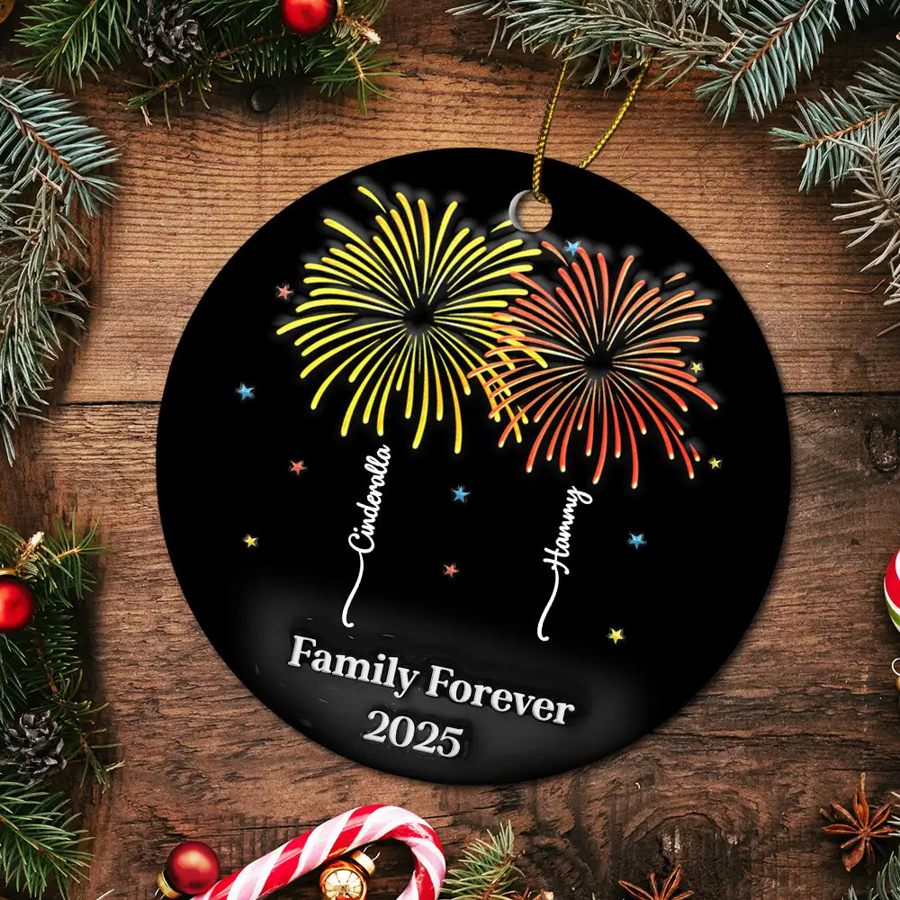 Family,Gift For Bestie,Christmas,Happy - Firework Family Bestie Custom Name - Personalized Circle Ceramic Ornament