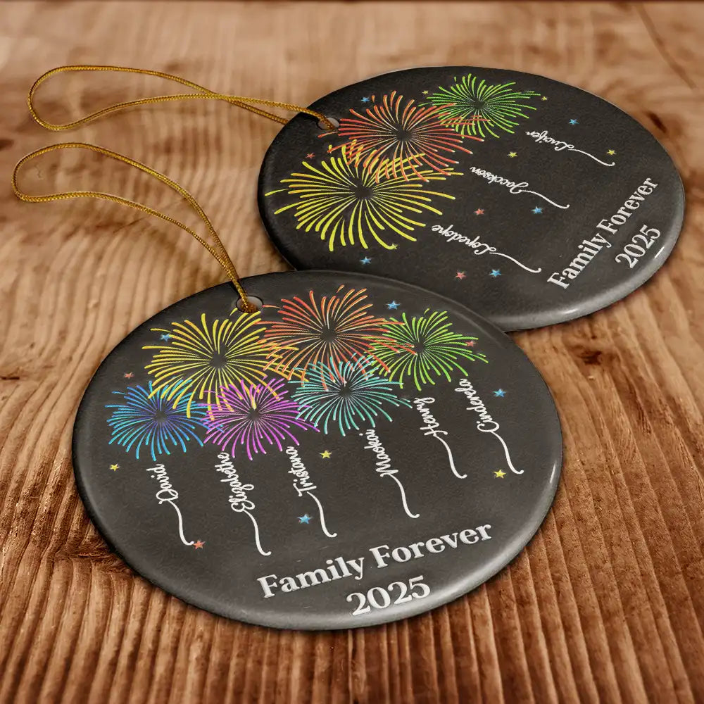 Family,Gift For Bestie,Christmas,Happy - Firework Family Bestie Custom Name - Personalized Circle Ceramic Ornament