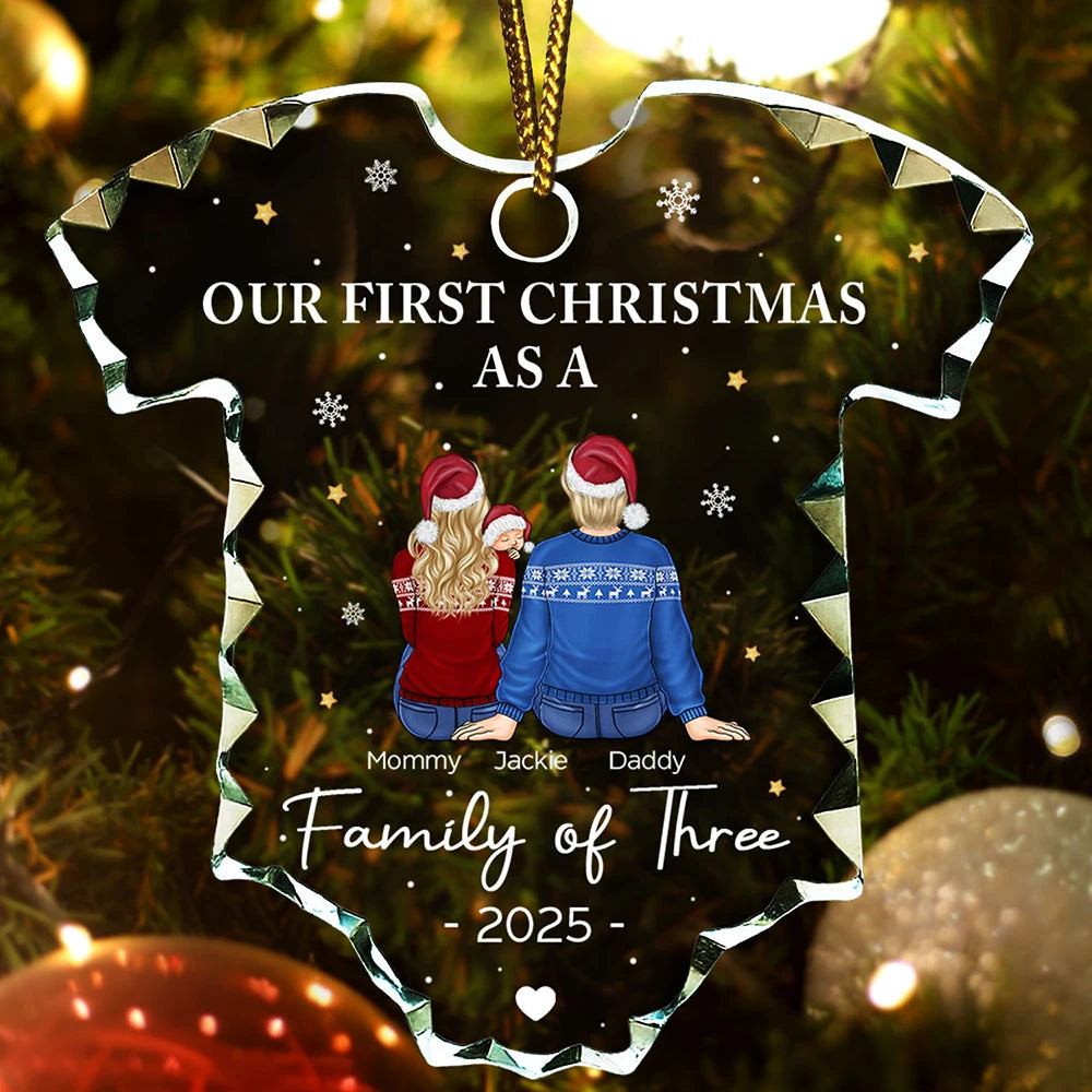 Christmas,New Dad,New baby,New Mom,Happy - First Christmas As A Family - Personalized Onesie Shaped Glass Ornament