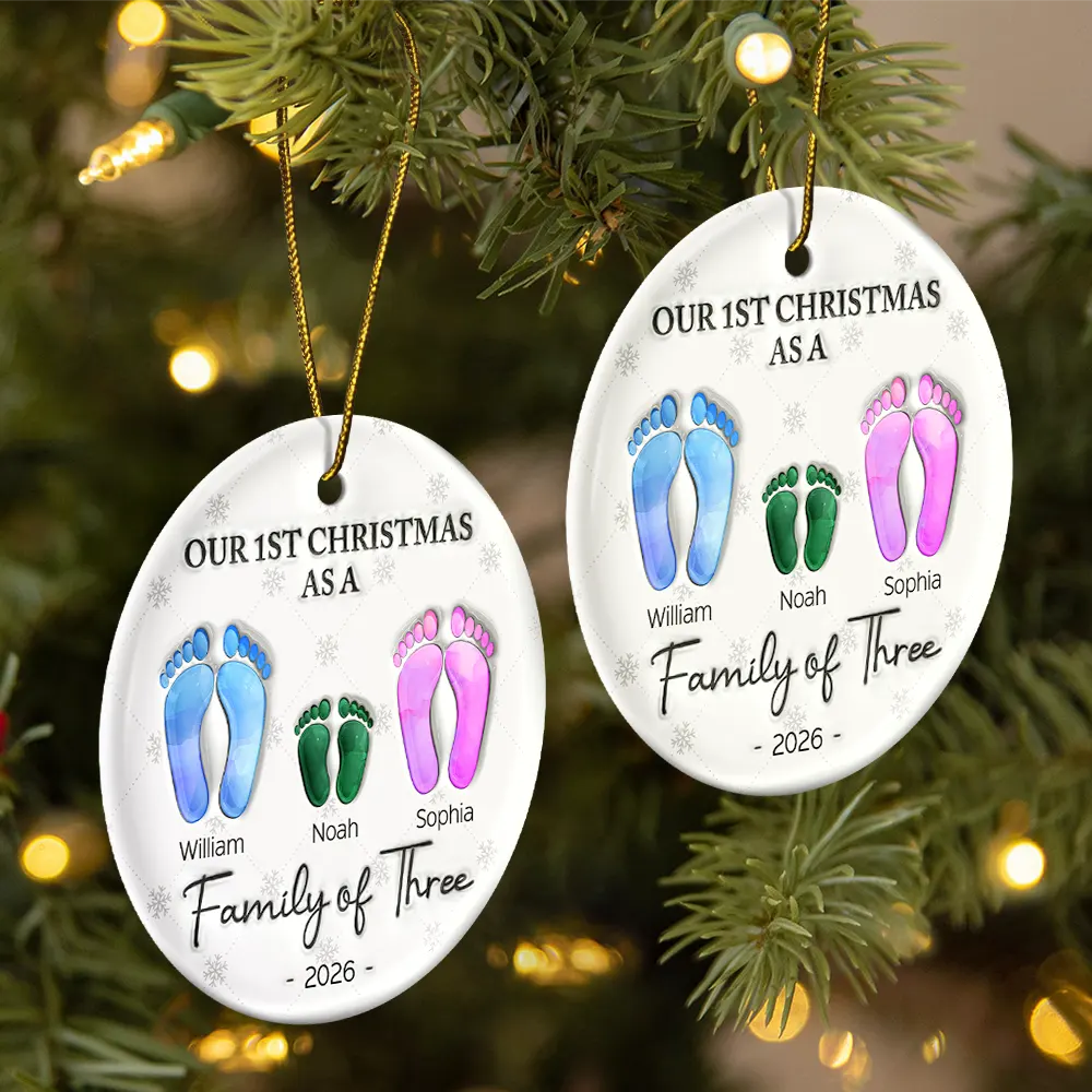 First Christmas As A Family Of Four Footprints - 3D Inflated Effect Printed Ornament, Personalized Circle Ceramic Ornament