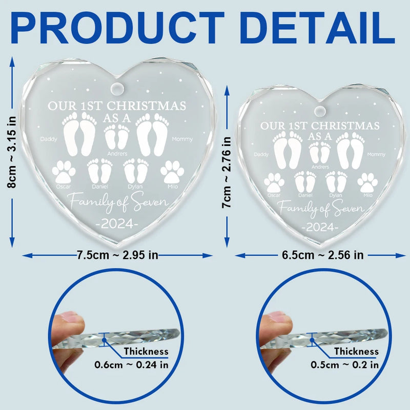 Christmas,Happy,Family,Parents,Gift For Sibling - First Christmas As A Family Of Four Footprints - Personalized Heart Shaped Glass Ornament