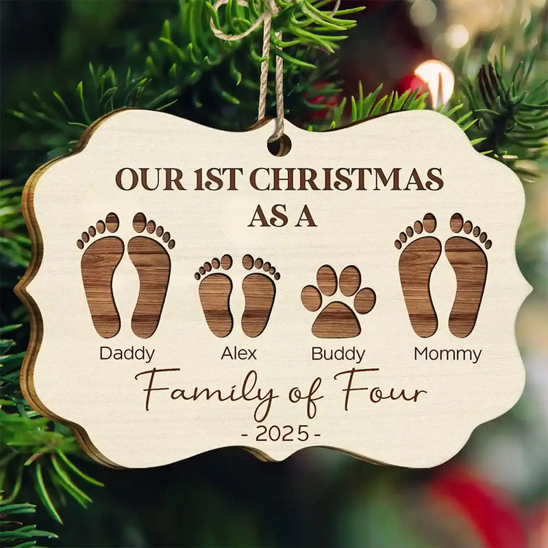 Gift For Sibling, Family - First Christmas As A Family Of Four Footprints - Personalized Medallion Wooden Ornament