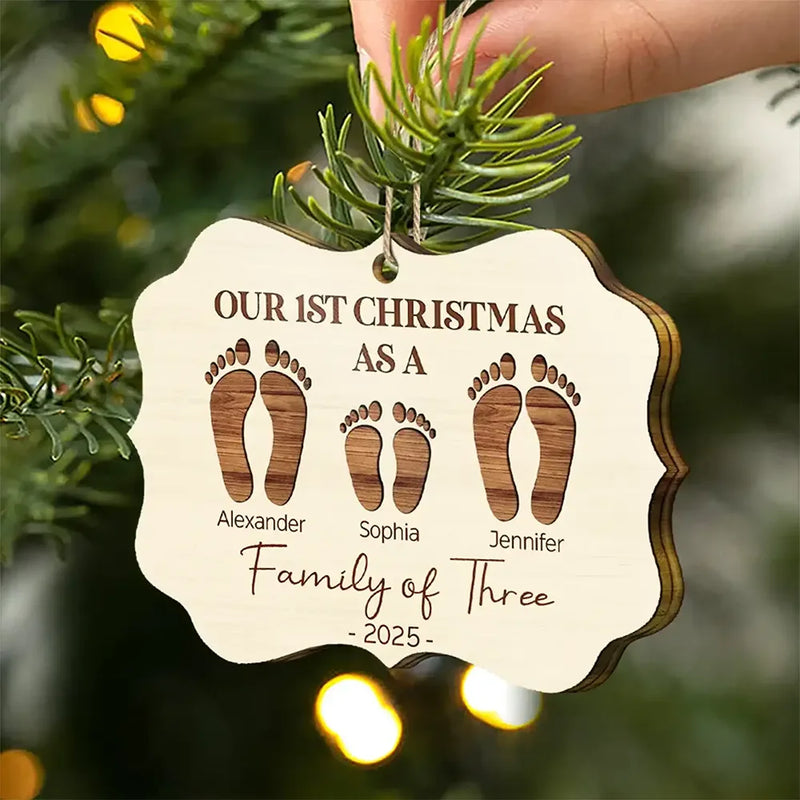 Gift For Sibling, Family - First Christmas As A Family Of Four Footprints - Personalized Medallion Wooden Ornament