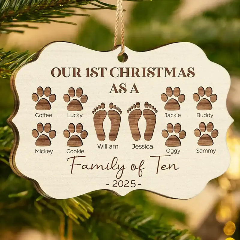 Gift For Sibling, Family - First Christmas As A Family Of Four Footprints - Personalized Medallion Wooden Ornament