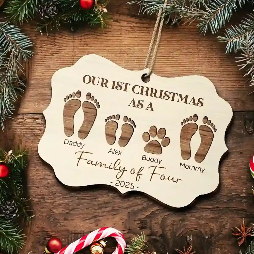 Gift For Sibling, Family - First Christmas As A Family Of Four Footprints - Personalized Medallion Wooden Ornament