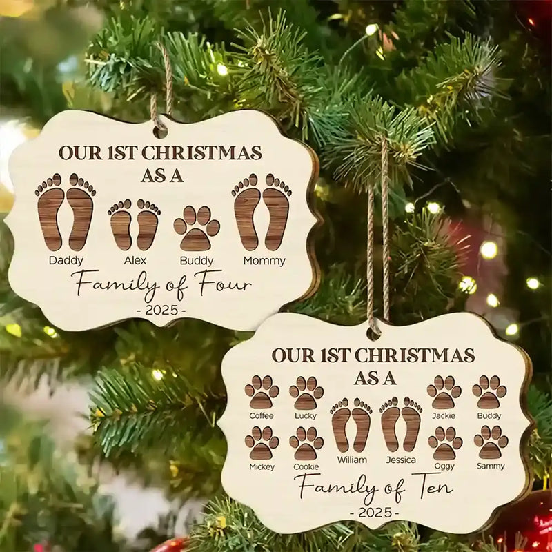 Gift For Sibling, Family - First Christmas As A Family Of Four Footprints - Personalized Medallion Wooden Ornament