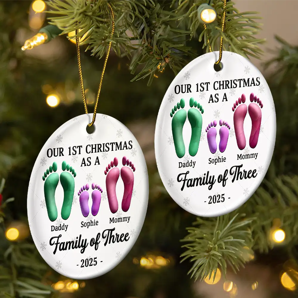 Christmas,Family,Dog Lovers,Cat Lovers,Pet Lovers,Parents,Happy - First Christmas As A Family Of Four Footprints 3D Effect - Personalized Circle Ceramic Ornament