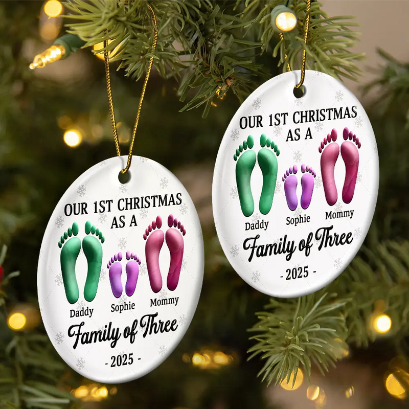 Christmas,Family,Dog Lovers,Cat Lovers,Pet Lovers,Parents,Happy - First Christmas As A Family Of Four Footprints 3D Effect - Personalized Circle Ceramic Ornament