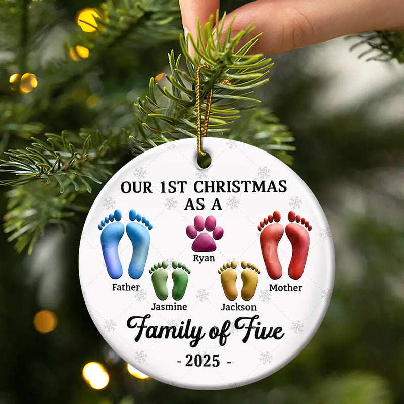 Christmas,Family,Dog Lovers,Cat Lovers,Pet Lovers,Parents,Happy - First Christmas As A Family Of Four Footprints 3D Effect - Personalized Circle Ceramic Ornament