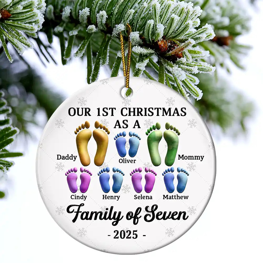 Christmas,Family,Dog Lovers,Cat Lovers,Pet Lovers,Parents,Happy - First Christmas As A Family Of Four Footprints 3D Effect - Personalized Circle Ceramic Ornament