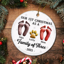 Christmas,Family,Dog Lovers,Cat Lovers,Pet Lovers,Parents,Happy - First Christmas As A Family Of Four Footprints 3D Effect - Personalized Circle Ceramic Ornament