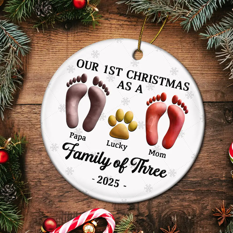 Christmas,Family,Dog Lovers,Cat Lovers,Pet Lovers,Parents,Happy - First Christmas As A Family Of Four Footprints 3D Effect - Personalized Circle Ceramic Ornament