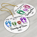 Christmas,Family,Dog Lovers,Cat Lovers,Pet Lovers,Parents,Happy - First Christmas As A Family Of Four Footprints 3D Effect - Personalized Circle Ceramic Ornament