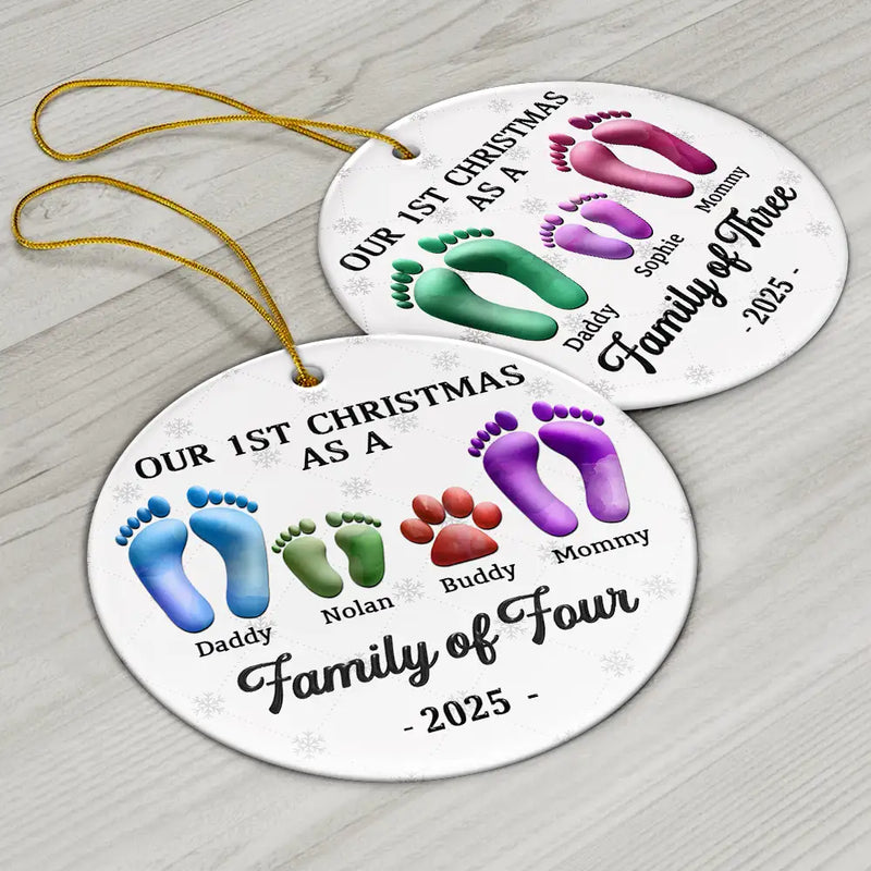 Christmas,Family,Dog Lovers,Cat Lovers,Pet Lovers,Parents,Happy - First Christmas As A Family Of Four Footprints 3D Effect - Personalized Circle Ceramic Ornament