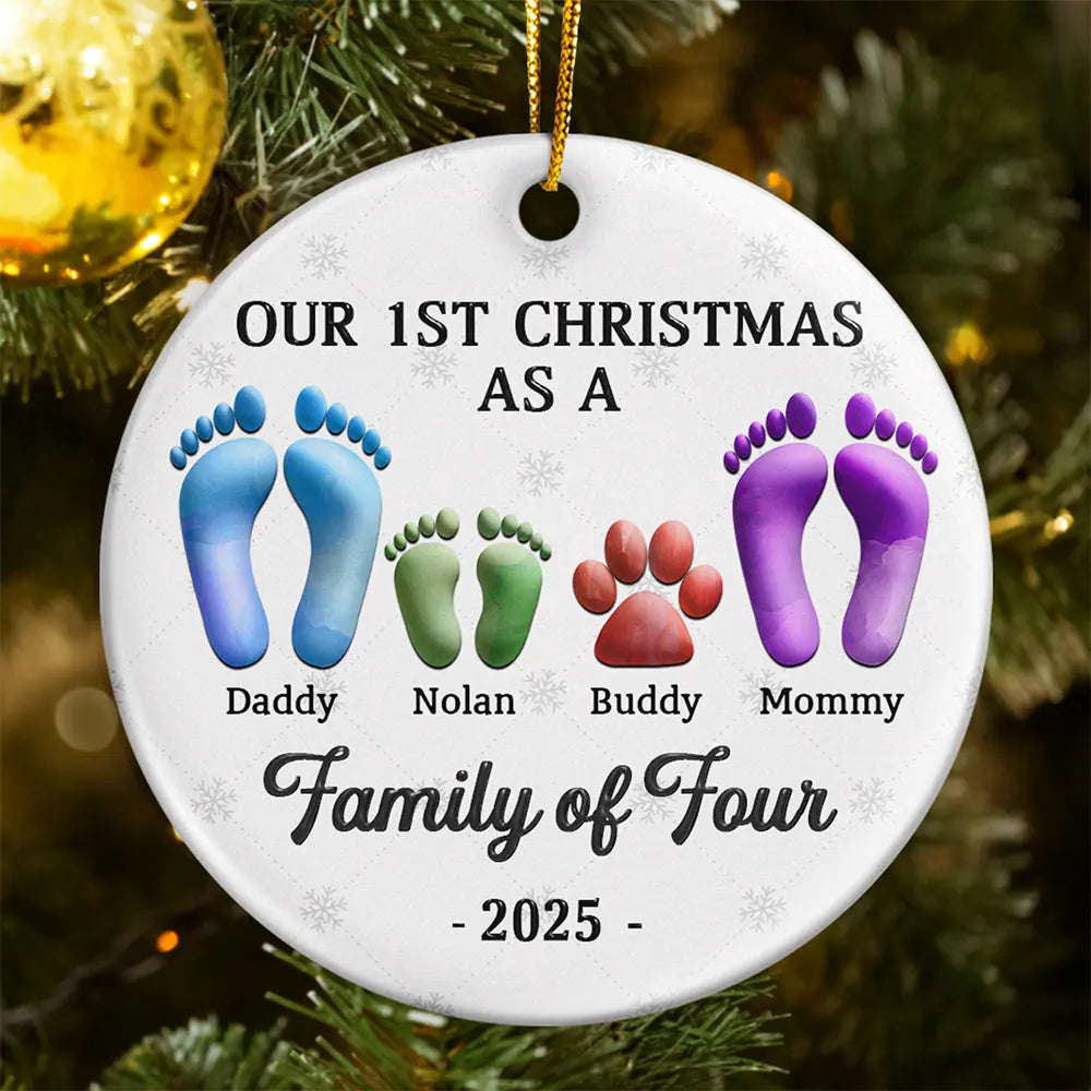 First Christmas As A Family Of Four Footprints 3D Effect - Personalized Circle Ceramic Ornament