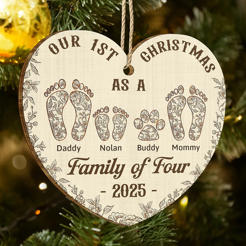 Christmas,Family,Dog Lovers,Cat Lovers,Pet Lovers,Parents,Happy - First Christmas As A Family Of Four Footprints Flower - Personalized Custom Shaped Wooden Ornament