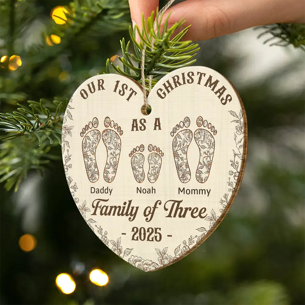 Christmas,Family,Dog Lovers,Cat Lovers,Pet Lovers,Parents,Happy - First Christmas As A Family Of Four Footprints Flower - Personalized Custom Shaped Wooden Ornament