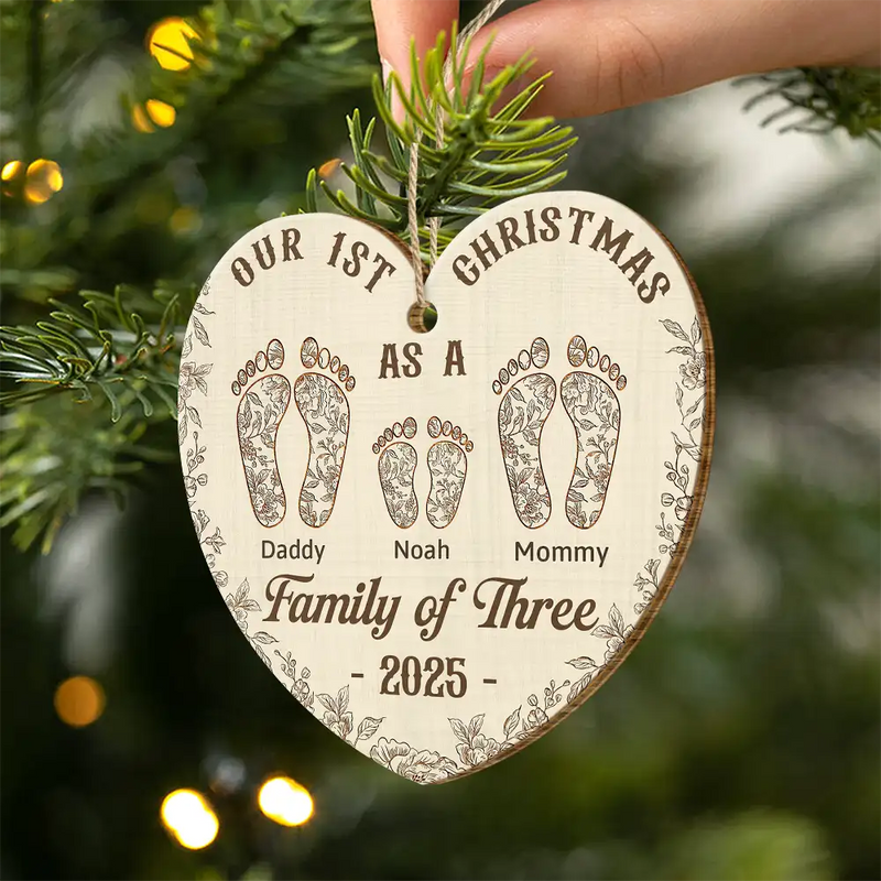 Christmas,Family,Dog Lovers,Cat Lovers,Pet Lovers,Parents,Happy - First Christmas As A Family Of Four Footprints Flower - Personalized Custom Shaped Wooden Ornament
