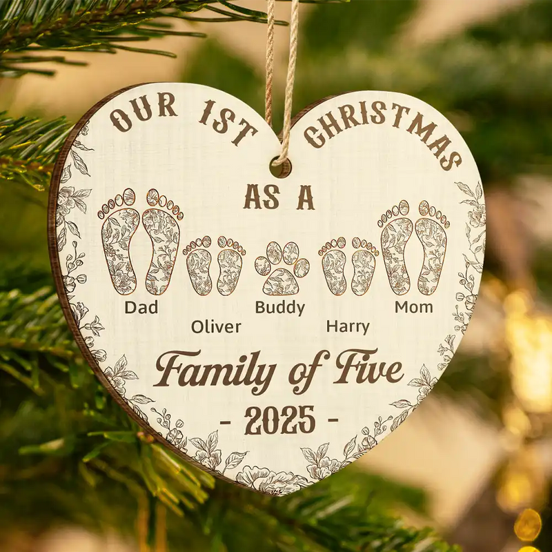 Christmas,Family,Dog Lovers,Cat Lovers,Pet Lovers,Parents,Happy - First Christmas As A Family Of Four Footprints Flower - Personalized Custom Shaped Wooden Ornament