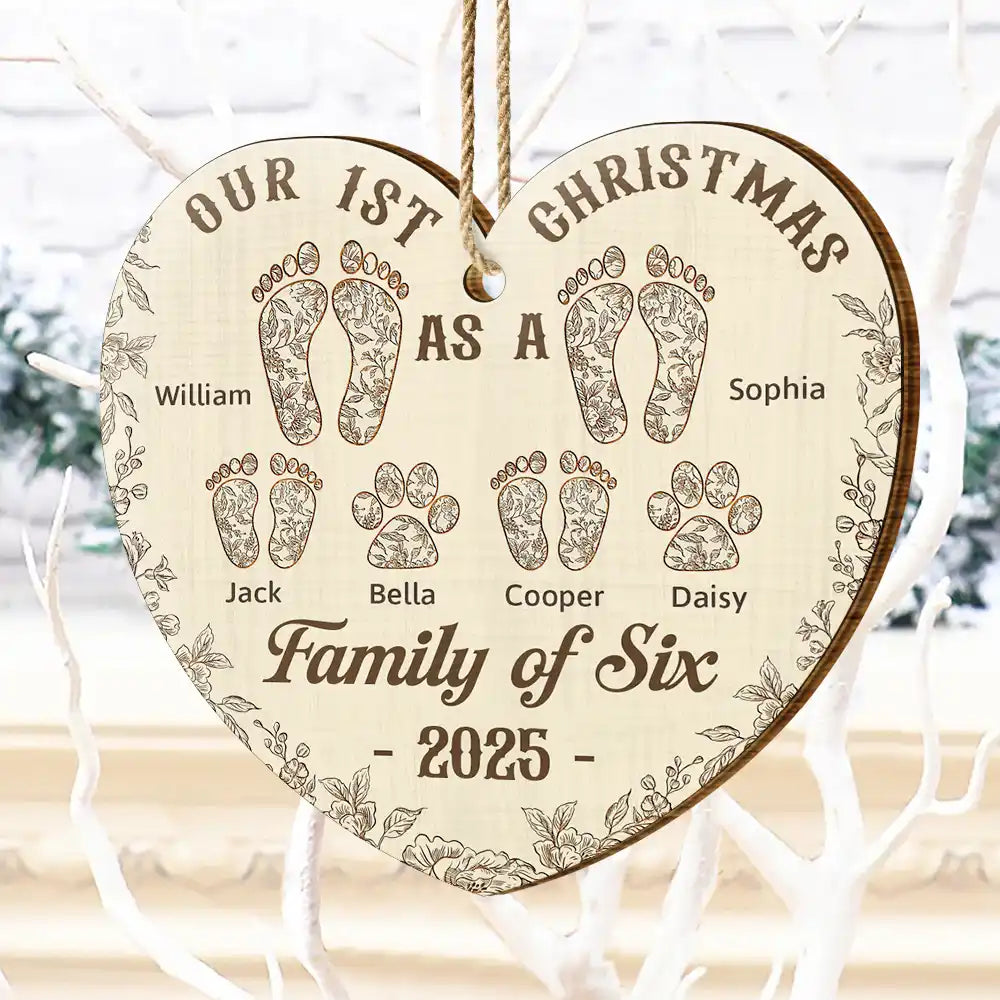 Christmas,Family,Dog Lovers,Cat Lovers,Pet Lovers,Parents,Happy - First Christmas As A Family Of Four Footprints Flower - Personalized Custom Shaped Wooden Ornament
