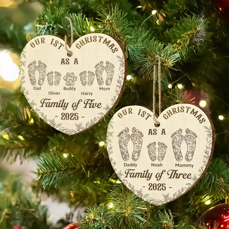 Christmas,Family,Dog Lovers,Cat Lovers,Pet Lovers,Parents,Happy - First Christmas As A Family Of Four Footprints Flower - Personalized Custom Shaped Wooden Ornament