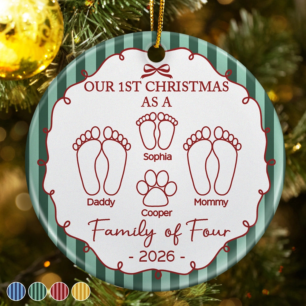 First Christmas As A Family Of Four Footprints Vintage Stripe - Personalized Circle Ceramic Ornament