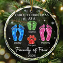 Family, Icon, Happy - First Christmas As A Family Of Four Glass Effect Footprints - Personalized Circle Glass Ornament