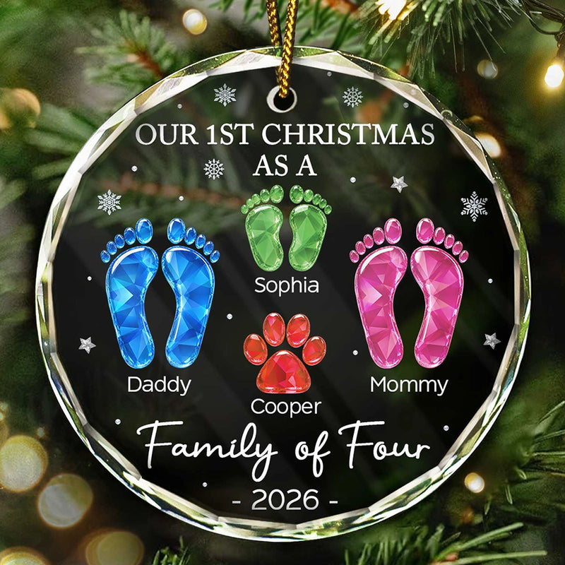 Family, Icon, Happy - First Christmas As A Family Of Four Glass Effect Footprints - Personalized Circle Glass Ornament