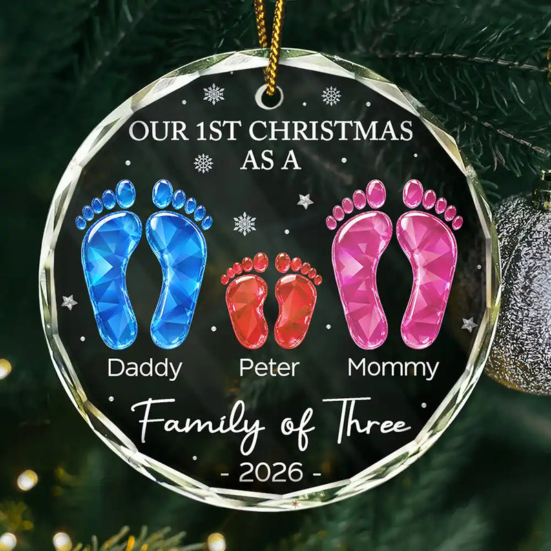 Family, Icon, Happy - First Christmas As A Family Of Four Glass Effect Footprints - Personalized Circle Glass Ornament