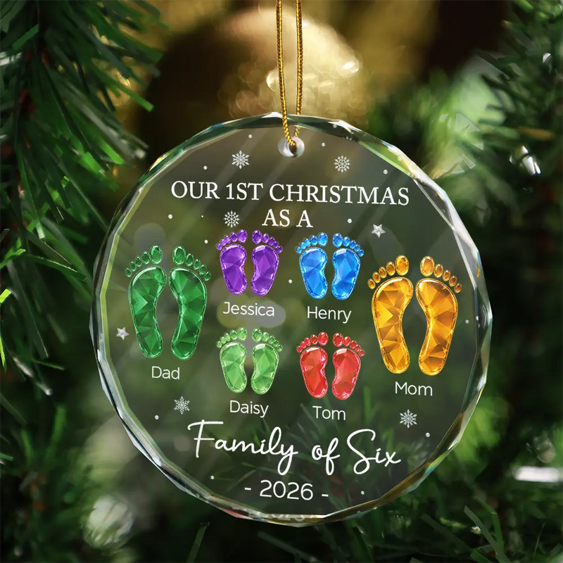 Family, Icon, Happy - First Christmas As A Family Of Four Glass Effect Footprints - Personalized Circle Glass Ornament