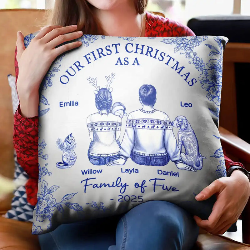 Christmas,Family,Dog Lovers,Cat Lovers,Pet Lovers,Parents,Happy,New Dad,New baby,New Mom - First Christmas As A Family Of Four New Parents Toile - Personalized Pillow