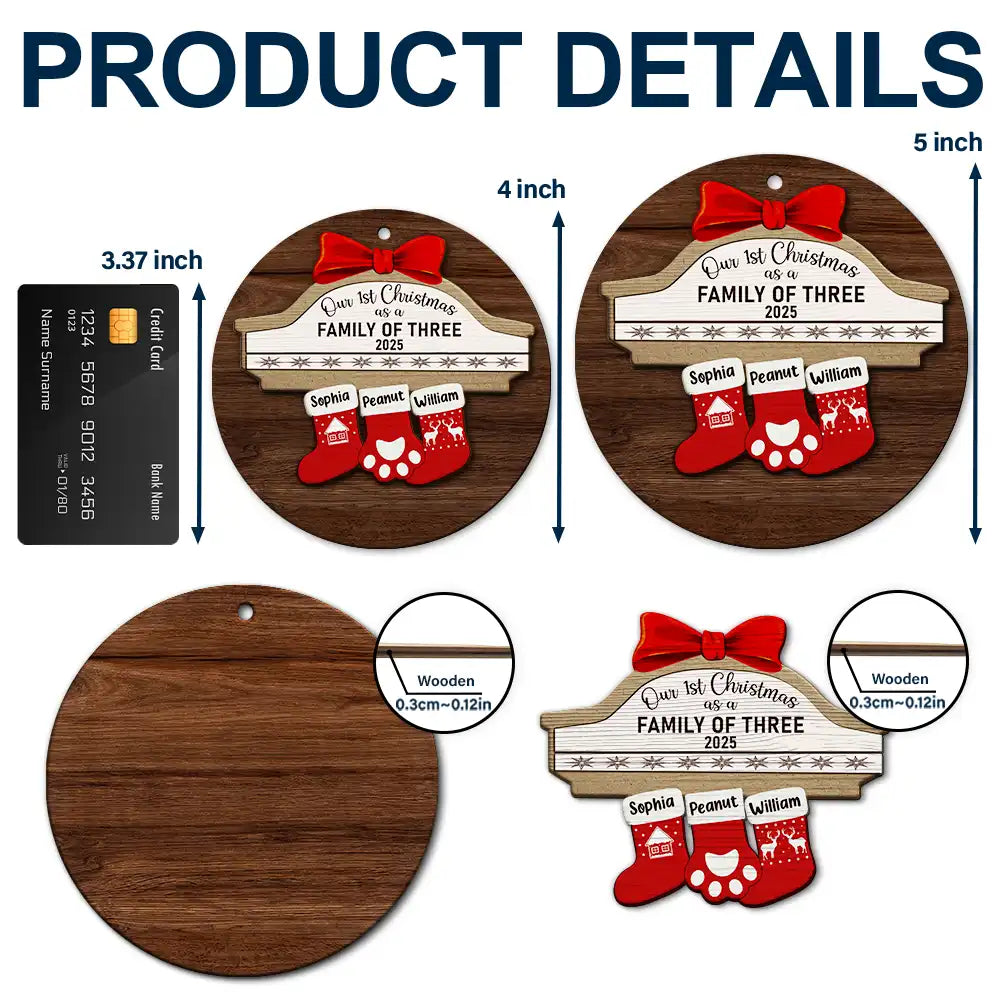 First Christmas As A Family Of Four Stocking Family - Personalized 2-Layered Wooden Ornament