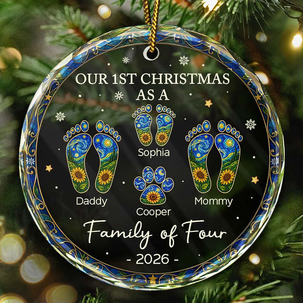 Family,Icon,Happy - First Christmas As A Family Of Four Sunflower Footprints - Personalized Circle Glass Ornament