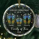 Family,Icon,Happy - First Christmas As A Family Of Four Sunflower Footprints - Personalized Circle Glass Ornament