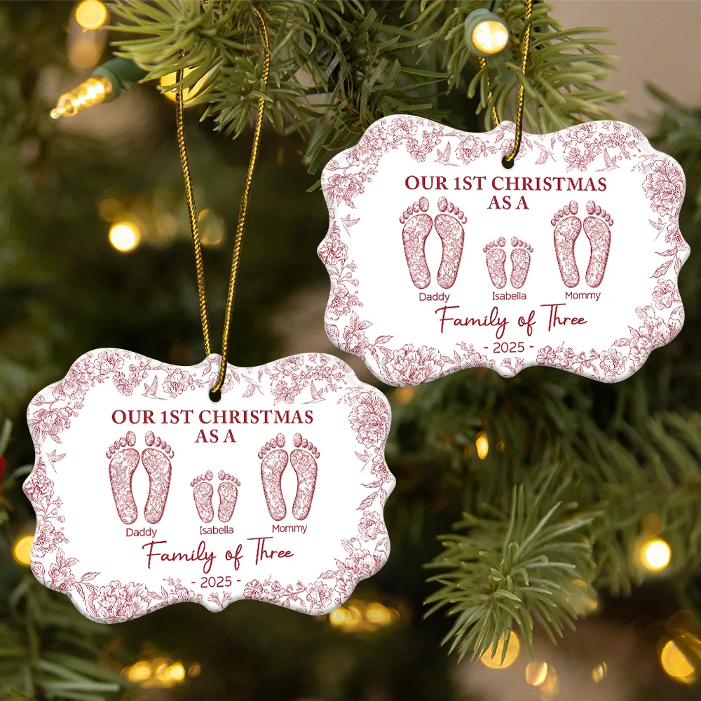 Christmas,Family,Dog Lovers,Cat Lovers,Pet Lovers,Parents,Happy - First Christmas As A Family Of Four Toile Footprints - Personalized Medallion Ceramic Ornament
