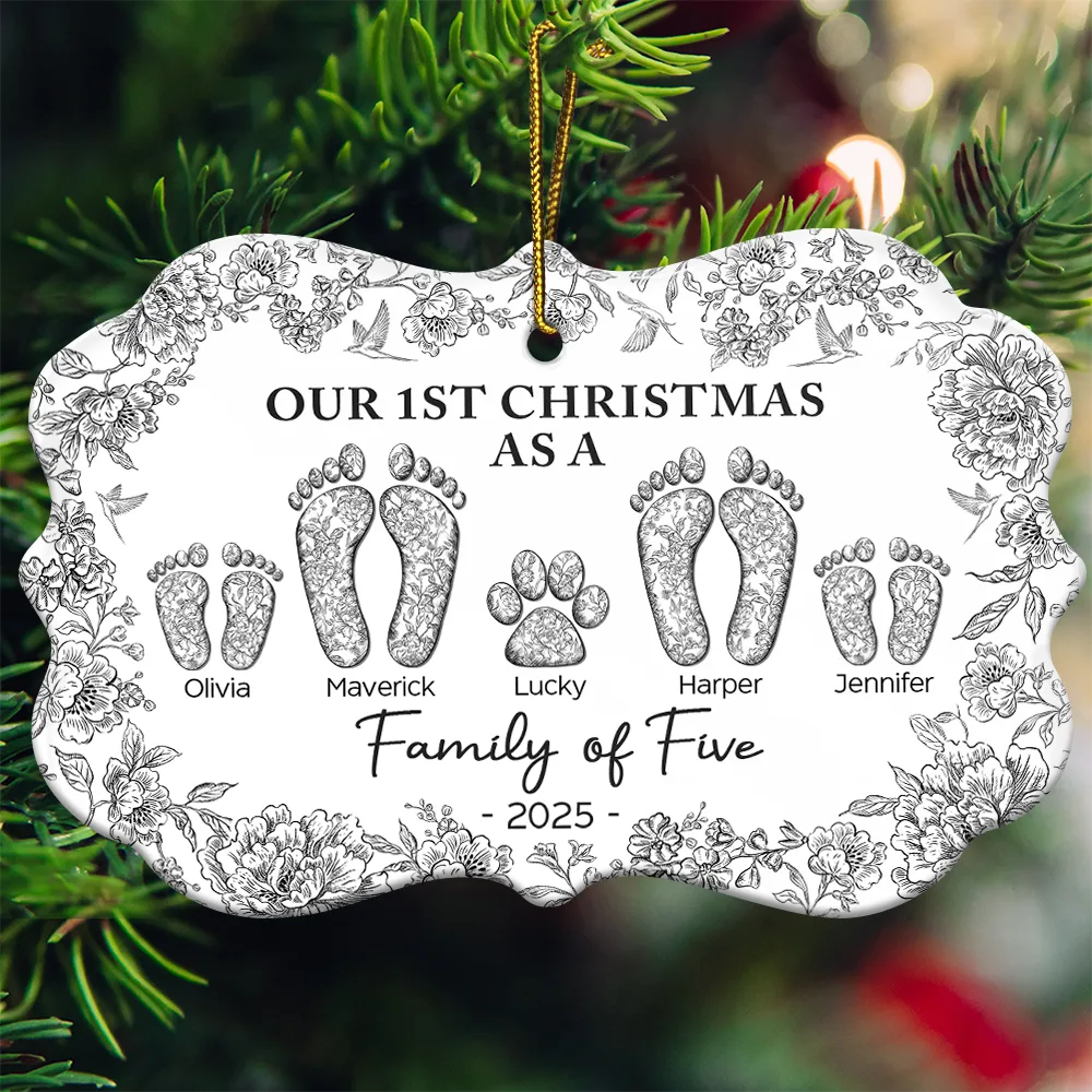 Christmas,Family,Dog Lovers,Cat Lovers,Pet Lovers,Parents,Happy - First Christmas As A Family Of Four Toile Footprints - Personalized Medallion Ceramic Ornament