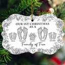 Christmas,Family,Dog Lovers,Cat Lovers,Pet Lovers,Parents,Happy - First Christmas As A Family Of Four Toile Footprints - Personalized Medallion Ceramic Ornament