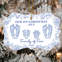 Christmas,Family,Dog Lovers,Cat Lovers,Pet Lovers,Parents,Happy - First Christmas As A Family Of Four Toile Footprints - Personalized Medallion Ceramic Ornament