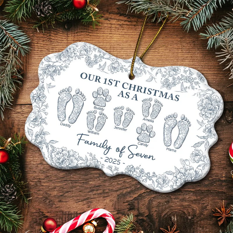 Christmas,Family,Dog Lovers,Cat Lovers,Pet Lovers,Parents,Happy - First Christmas As A Family Of Four Toile Footprints - Personalized Medallion Ceramic Ornament