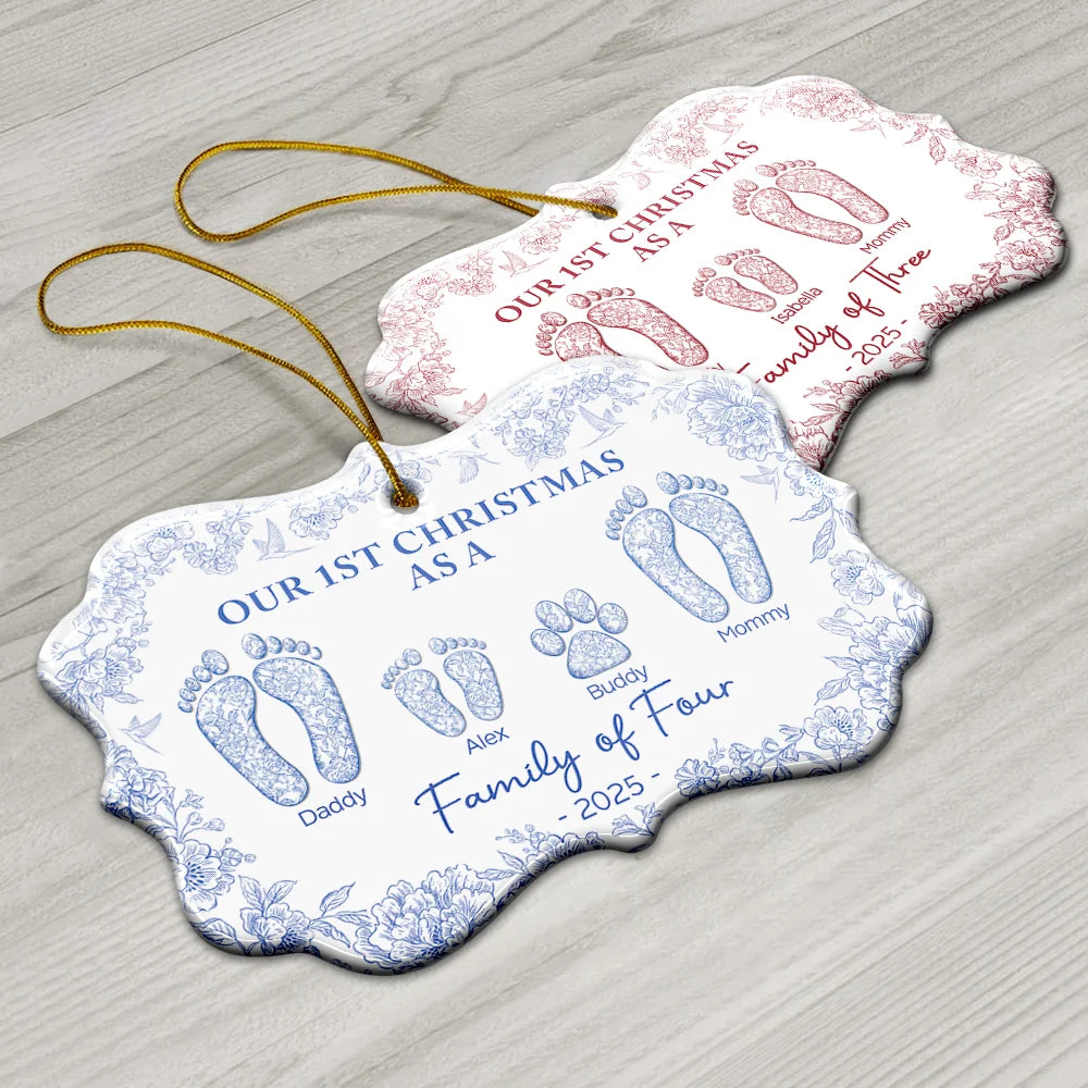 Christmas,Family,Dog Lovers,Cat Lovers,Pet Lovers,Parents,Happy - First Christmas As A Family Of Four Toile Footprints - Personalized Medallion Ceramic Ornament
