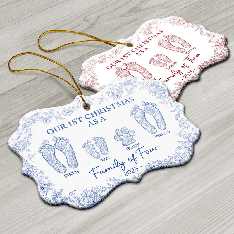Christmas,Family,Dog Lovers,Cat Lovers,Pet Lovers,Parents,Happy - First Christmas As A Family Of Four Toile Footprints - Personalized Medallion Ceramic Ornament