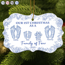Christmas,Family,Dog Lovers,Cat Lovers,Pet Lovers,Parents,Happy - First Christmas As A Family Of Four Toile Footprints - Personalized Medallion Ceramic Ornament