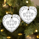 Christmas,Family,Dog Lovers,Cat Lovers,Pet Lovers,Parents,Happy - First Christmas As A Family Of Four Toile Footprints - Personalized Heart Ceramic Ornament